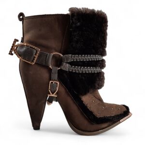 IVY KIRZHNER Shearling Rose Gold Harness Stud Leather Olive Brown Heeled Boot 8